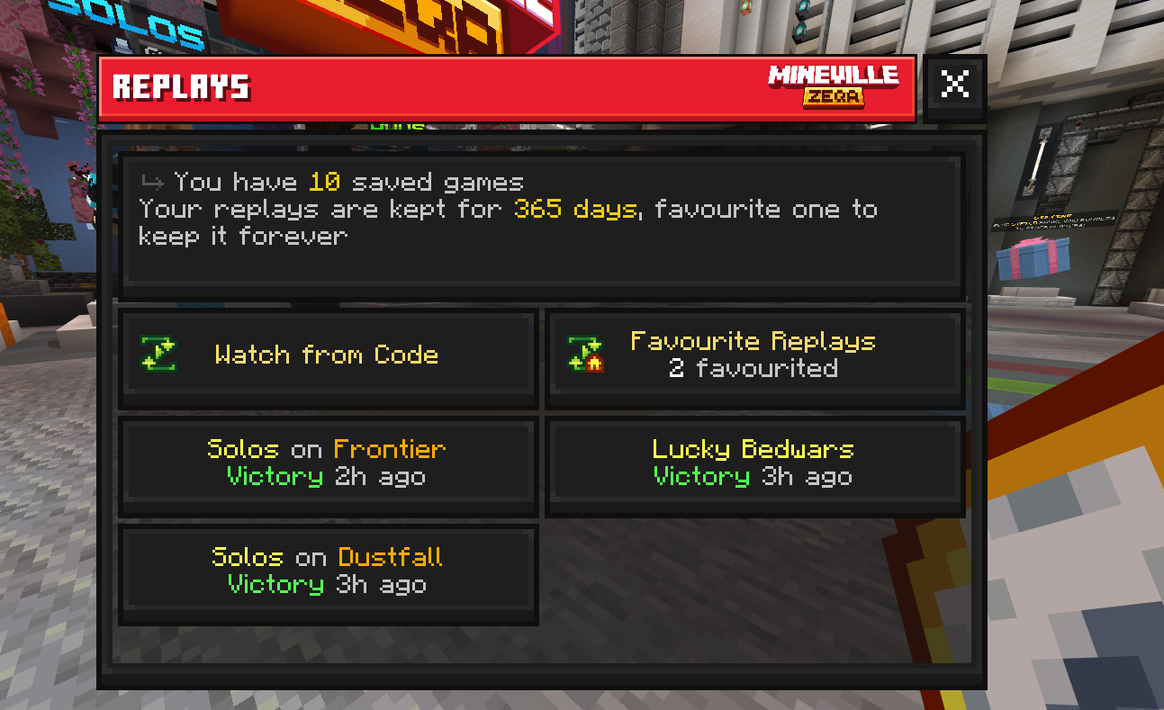 The Replays menu with recent games listed